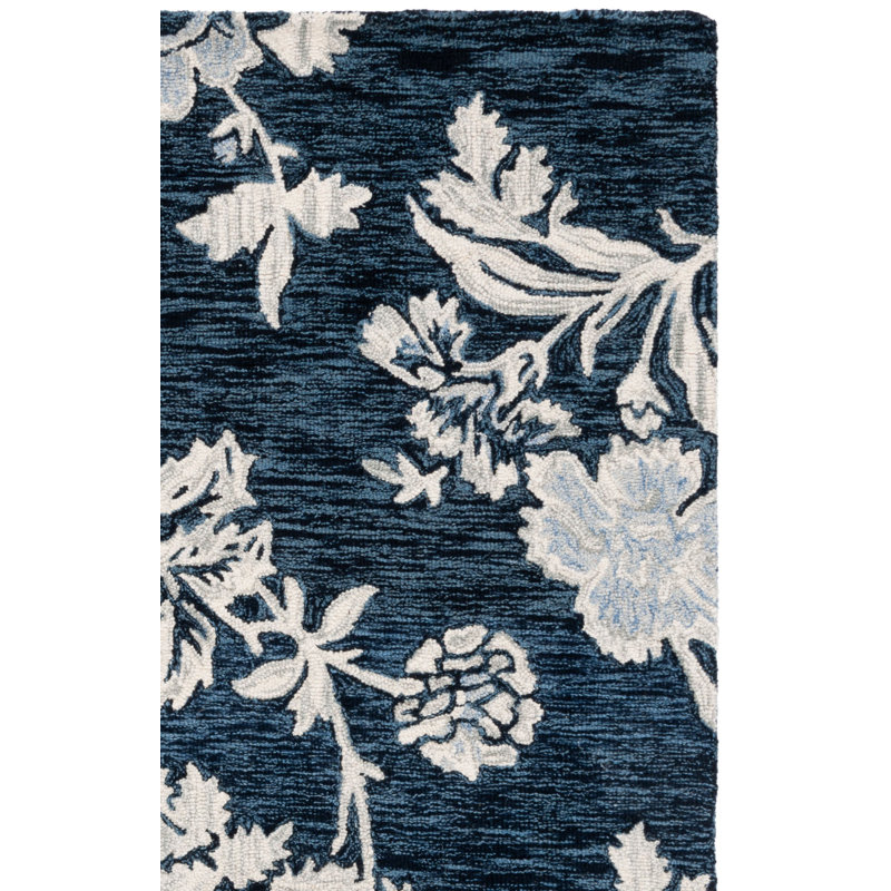 Tapis en laine touffeté à la main bleu marine / ivoire Hober, Rectangulaire 3 pi x 5 pi
