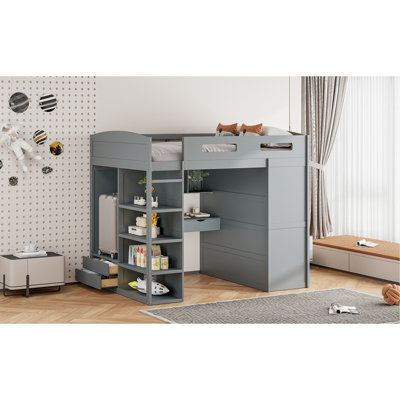 Lit mezzanine double gris avec bureau intégré, 4 tiroirs, tablettes et armoires - Spark Intrigue