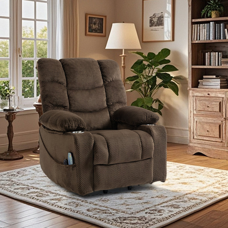 Chira Power Lift Recliner Chair for Elderly, Brown Velvet with Massage & Heat, Overstuffed Reclining Sofa with Cup Holders & Side Pocket