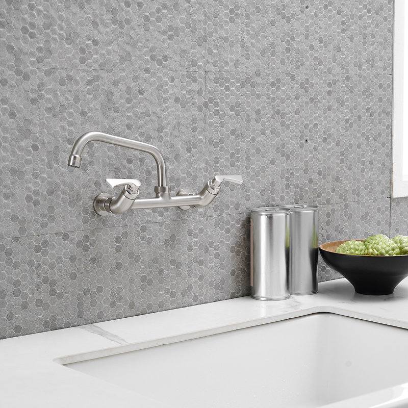 WIZ Double-Handles Commercial Sink Faucet With 8" Swivel Spout 8" Center Wall Mount Standard Kitchen Faucet