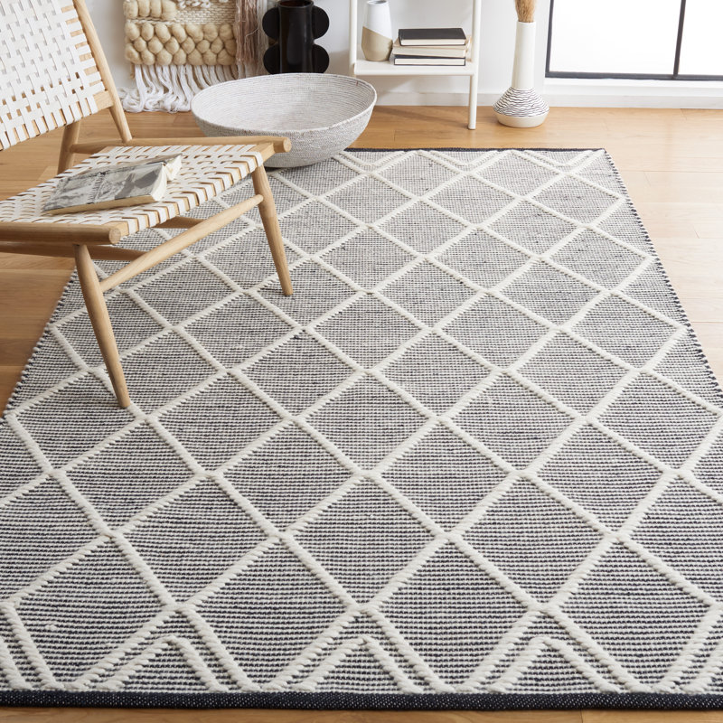 Jacques Hand Woven Wool/Cotton Geometric Rug in Black/Ivory, Rectangle 5' x 8'