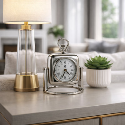 Decorative Aluminum Desk Clock for Home Decor - Mantel Accent Clock with Glass Face for Office, Tabletop or Entryway Display - Silver