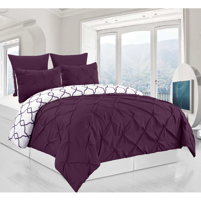 Elegant Reversible 3 Piece Pintuck Duvet Cover Set, King Duvet Cover + 2 Shams, Plum