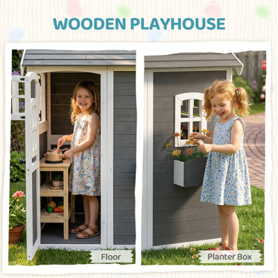 Outsunny Playhouse for Kids, Outdoor Wooden Playhouse with Floor, Door, Windows & Planter Box for 3-8 Year Olds, Backyard, Lawn, Garden, Gray