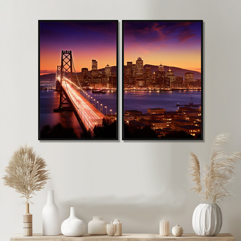 San Francisco Skyline And Bay Bridge III - Art mural industriel 2 panneaux, Noir, H 36 po x l 48 po