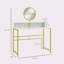 Bureau de maquillage moderne avec miroir, coiffeuse avec rangement ouvert, finition en faux marbre et structure en acier pour la chambre à coucher, blanc et doré