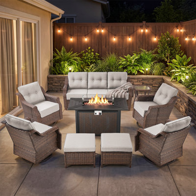 Luxury 9-Piece Outdoor Wicker Patio Conversation Set with Gas Fire Pit Table, 6-inch Thick Cushions, Swivel Rocker Chairs, and Side Table for Backyard & Deck