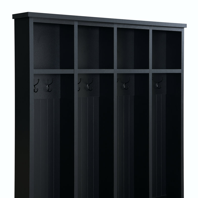 Farmhouse Wide Hall Tree With Bench, 8 Hooks And Storage Compartments For Entryway, Black