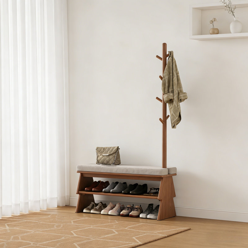 Upholstered Wooden Coat Rack With Shoe Bench, Entryway Storage Organizer With Hidden Shoe Rack For Living Room, Bedroom And Hallway