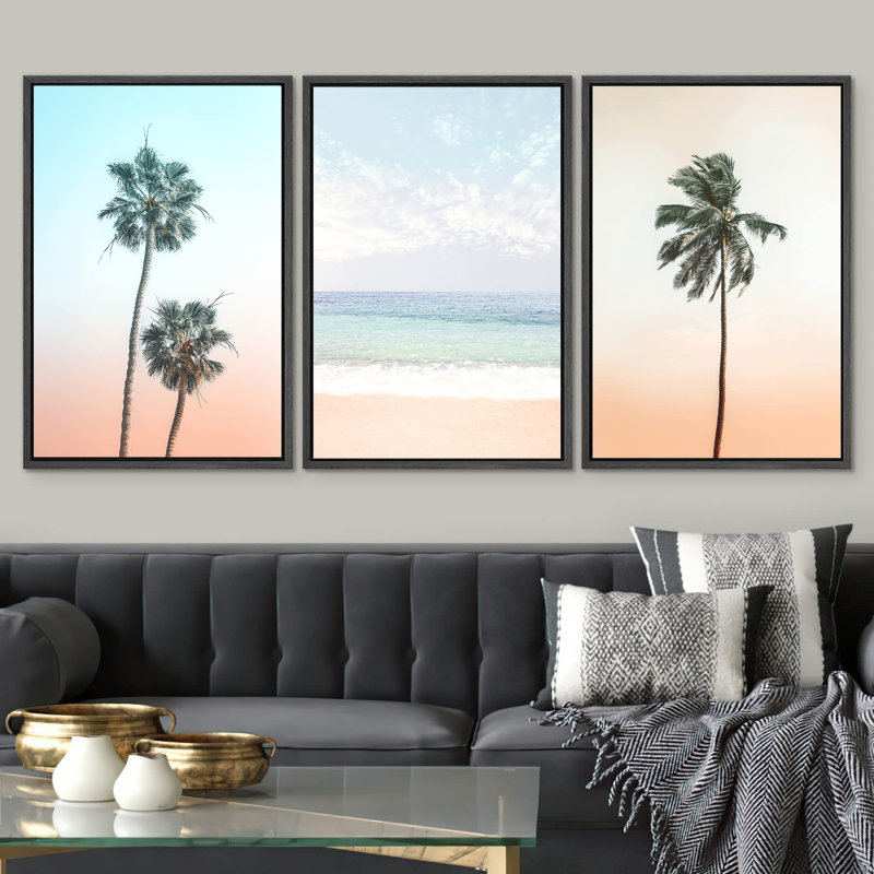 Beach And Plants " Pastel Sky Retro Palm Tree Island Beach Shore Coastal Nautical Photography Modern Art Decor " 3 - Pieces
