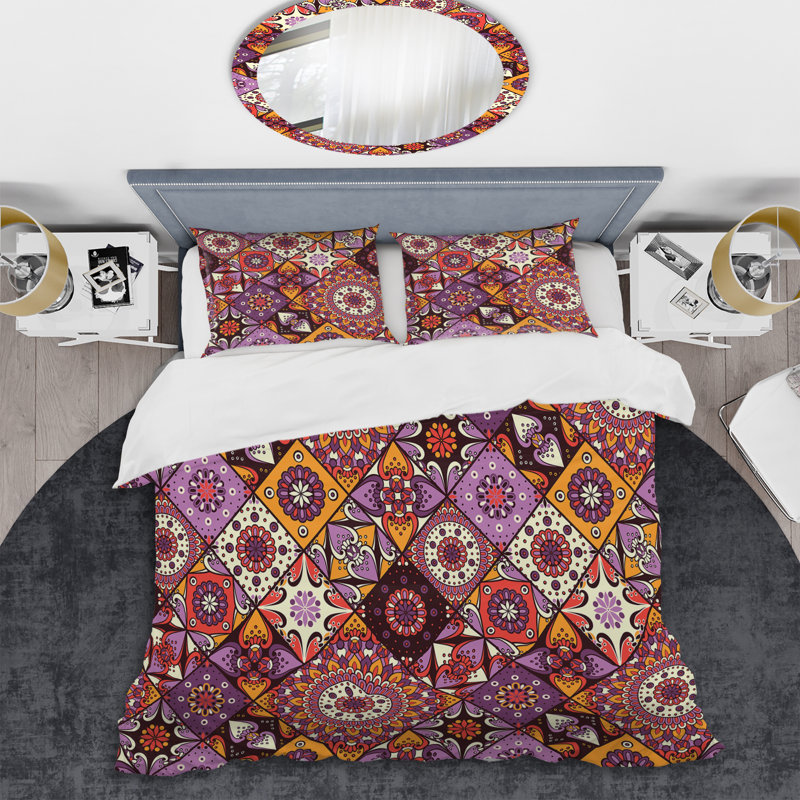 Ensemble de housse de couette en microfibre orange / mauve / brun, Housse de couette simple + 1 taie décorative stan
