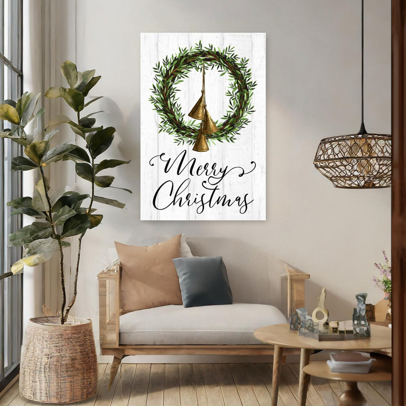Merry Christmas Wreath and Bells, art hivernal contemporain, H 48 po x l 32 po