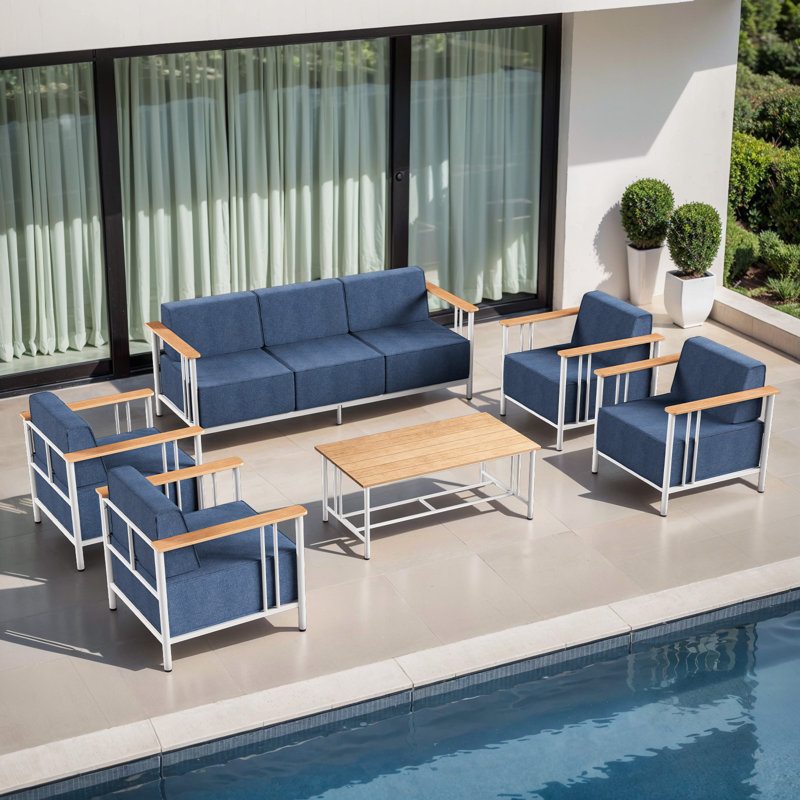 Ensemble de conversation moderne pour 7 personnes avec 4 fauteuils Coan, Blue Cushion/ White Frame
