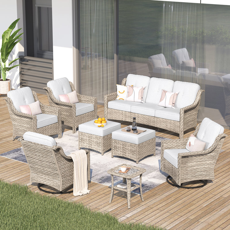 Ensemble de conversation d'extérieur en osier pour 7 personnes, canapé de patio et fauteuil pivotant avec coussins