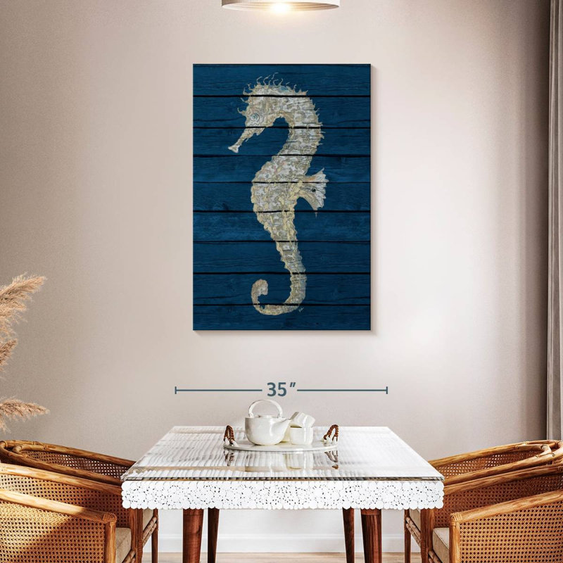 Hippocampe antique Brampt sur bleu II, H 45 po x l 30 po