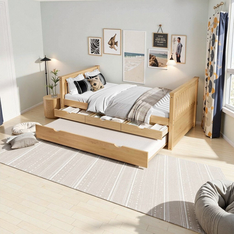 Lit plateforme simple en bois avec tiroirs de rangement et lit gigogne escamotable, Brun