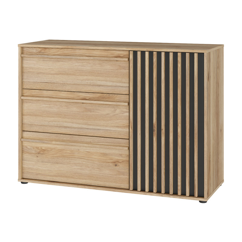 Sideboard 120 cm, Scandinavian Style with Slatted Front, 3 Drawers & 1 Door, Storage Cabinet for Bedroom or Living Room, Engineered Wood, Mauvella Oak Effect/Black, 117.8 × 84.9 × 41.7 cm