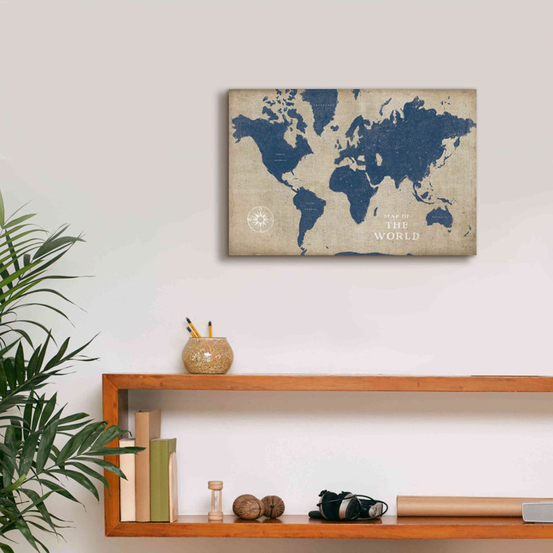 «Burlap World Map I Navy» par Sue Schlabach, estampe numérique sur toile, L 18 po x H 12 po