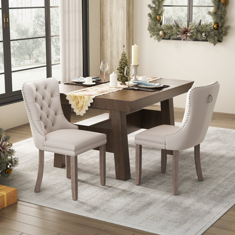 Tufted Velvet Wing Back Side Dining Chairs, Beige, Brown