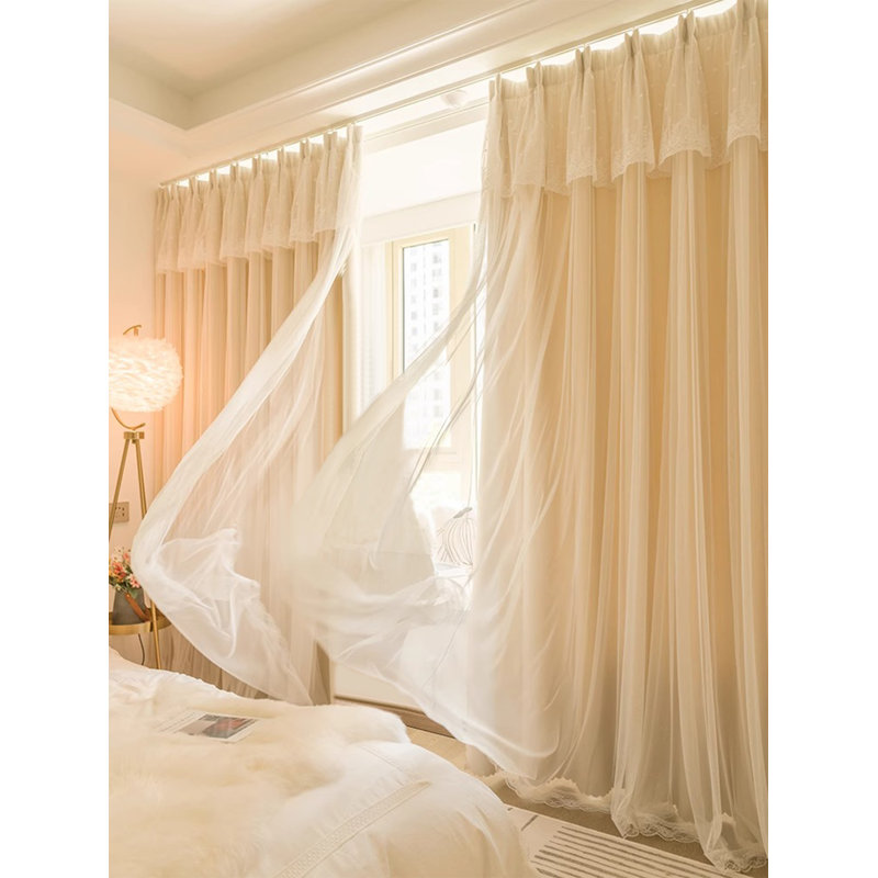 2Pcs French Cream-Colored Tulle Lace Bedroom Curtains - Fairy-Like, Simple And Elegant Finished Curtains, 83" W x 91" L