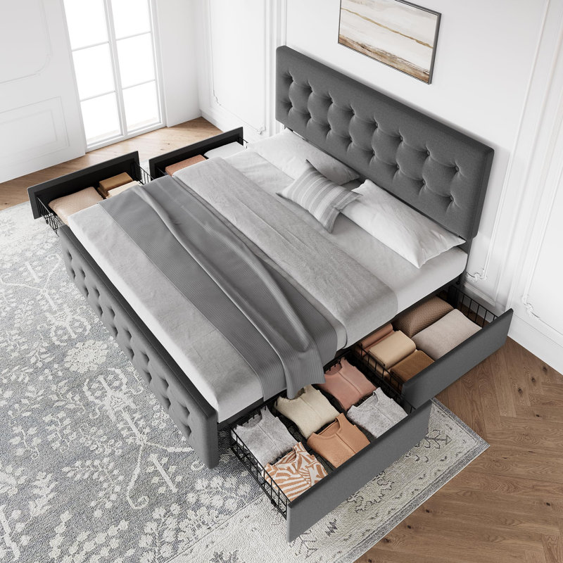 King Bed Frame With Headboard And 4 Storage Drawers, Platform Bed Frame Square Stitched Button Tufted, King, Light Grey