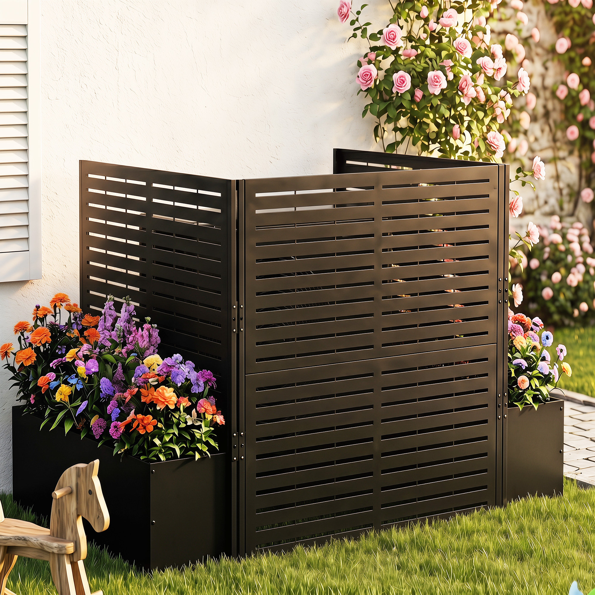 Wooden Air Conditioner Cover With Flower Stand – Louvered Privacy Fence, Outdoor Freestanding Screen (Medium Size)
