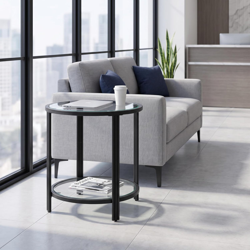 Table d'appoint ronde moderne de 50 cm (19,7 po) avec plateau en verre et rangement à 2 niveaux, Black