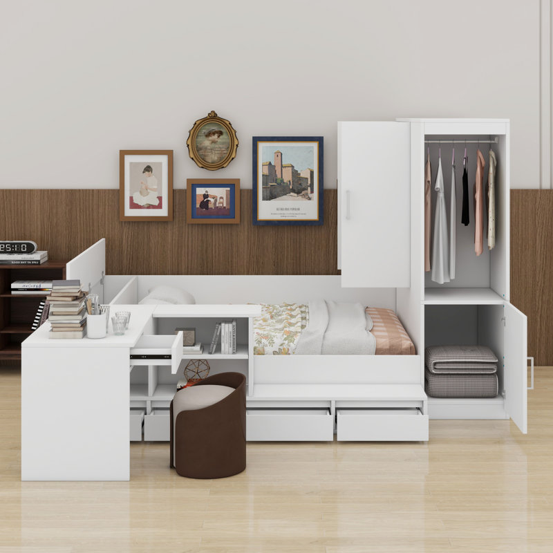 Lit plateforme avec tiroirs, tablettes, bureau et garde-robe, blanc