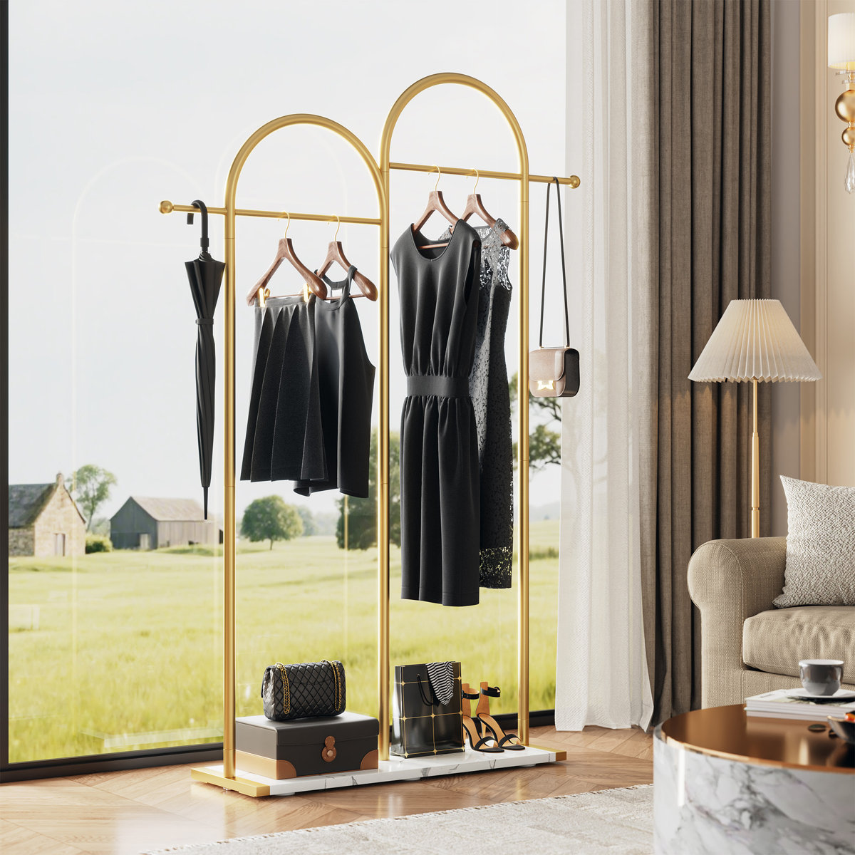 Latitude Run® Double Arch Clothing Rack, Gold Freestanding Garment Rack ...