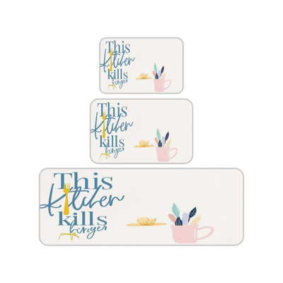This Kitchen Kills Hunger Print 3 Pcs Kitchen Mat For Kitchen, Dining Room, Blue Yellow