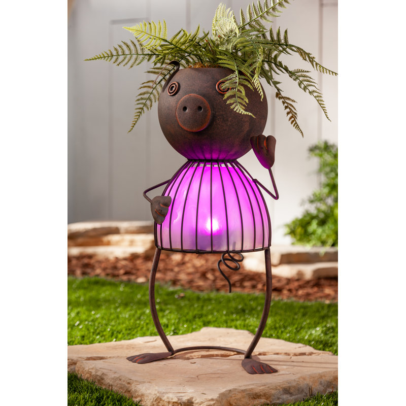Pink Metal Solar Lighted Pig Planter with LED