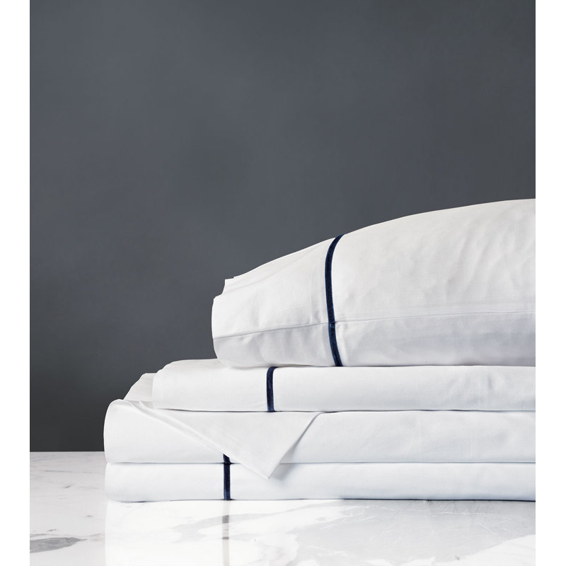 Linea Egyptian Cotton Sateen Sheet Set, White/Navy, King Sheet Set + 2 Pillowcases