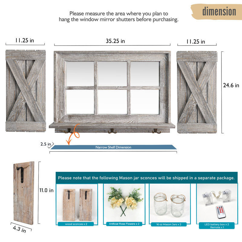 Rustic Gray Window Pane Mirror with X-Style Shutters and Set of 2 Mason Jar Sconces