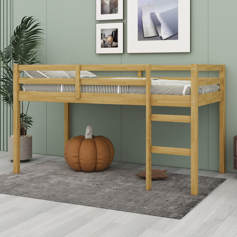 Solid Wood Bed Frame With Ladder, Wood Slat Support, Natural