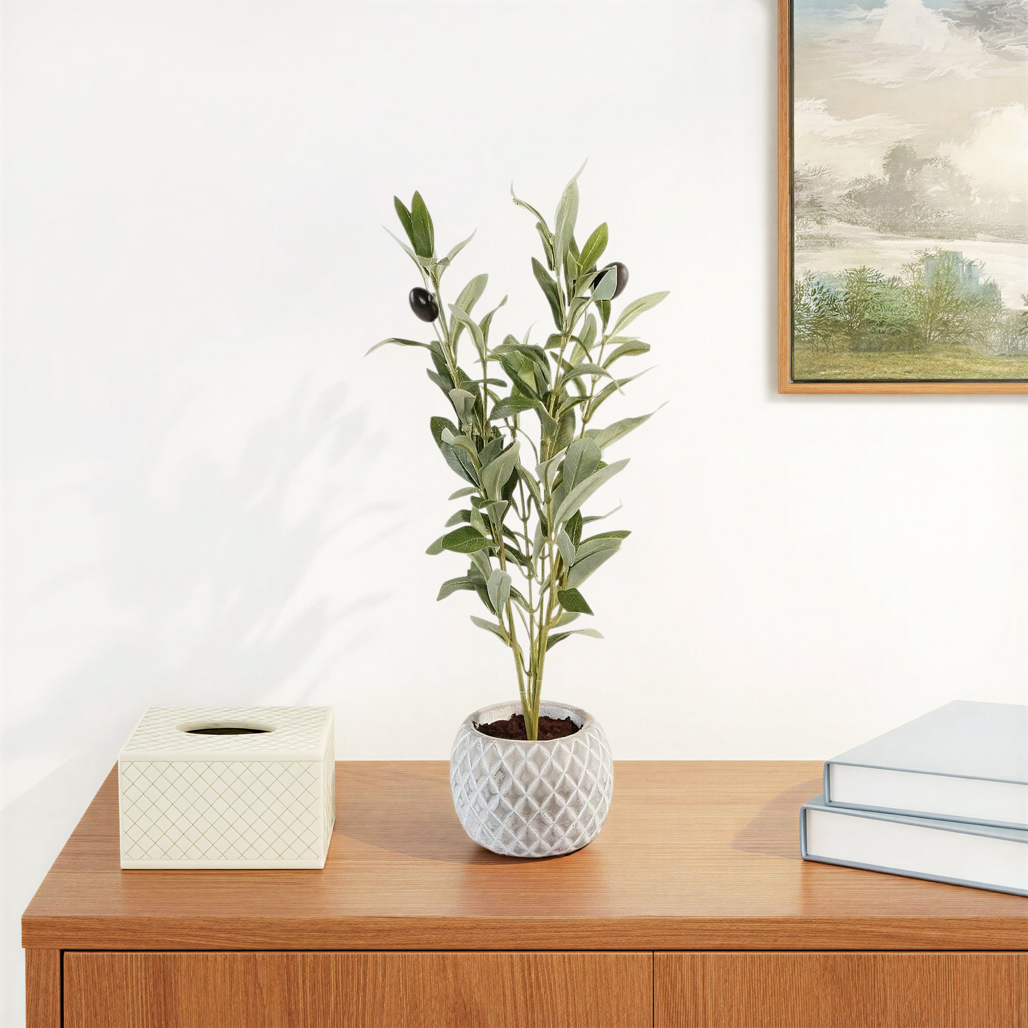 Olive 14'' Faux Olive Tree Plant in Cement Pot