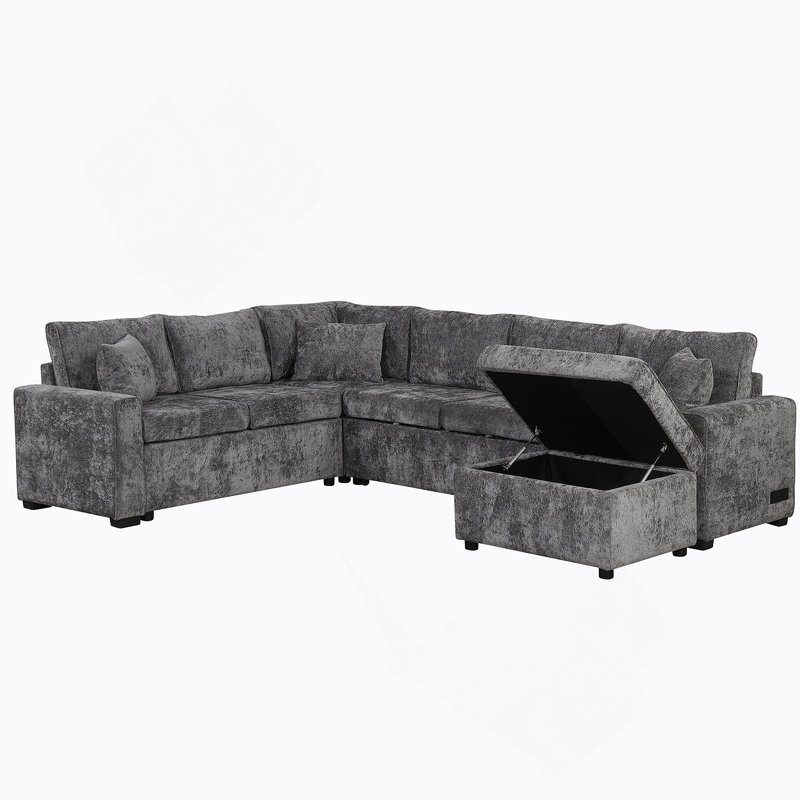Canapé-lit modulaire 112,2 "avec repose-pieds avec rangement, trois coussins, dispositifs de chargement, gris, Gris