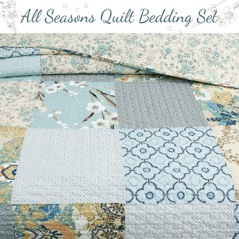 Sky Blue Floral Patens Ogee Patchwork Cotton Quilt Bedding Set, Queen Quilt + 2 Queen Shams
