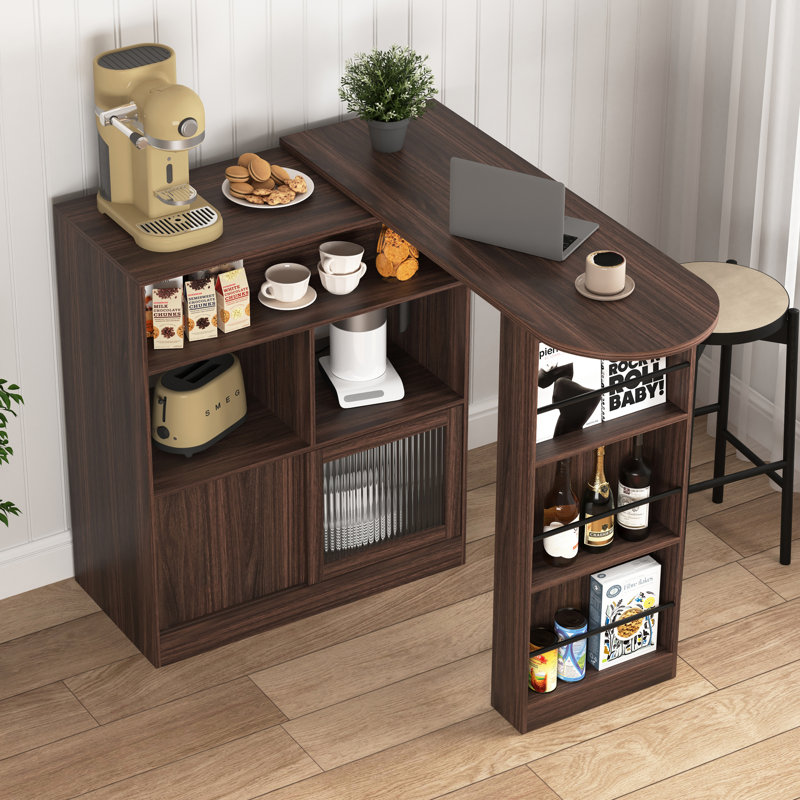 Armoire de bar rotative de 31 po de largeur - Buffet à hauteur de comptoir avec plateau pivotant à 360 ° et portes en verre nervuré - Noyer