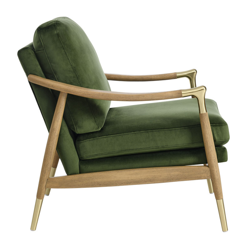 Moss Green Velvet Barrel Accent Chair with Walnut Wood Frame