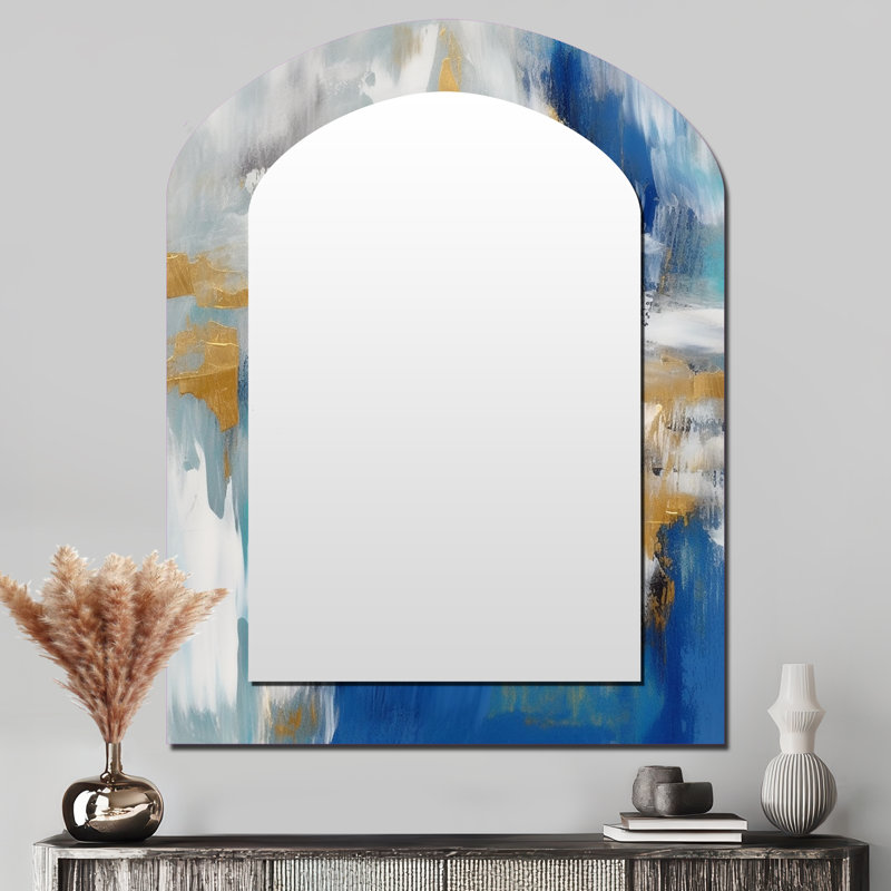 Radiant Muse Émergence IV - grand miroir mural à peinture abstraite, miroir décoratif asymétrique doré, impression sur métal