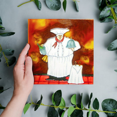 8x8" Fat Chef with Side Table Wall Décor Decorative Ceramic Art Tile Trivet Hot Plate