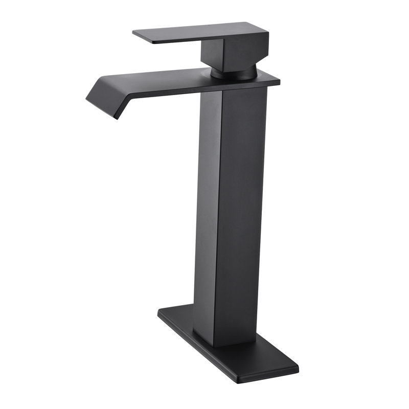Robinet de meuble-lavabo à poignée simple, bec cascade, acier inoxydable noir mat et débit d'eau de 1,2 gallon par minute, poignée de l'ensemble de drain escamotable
