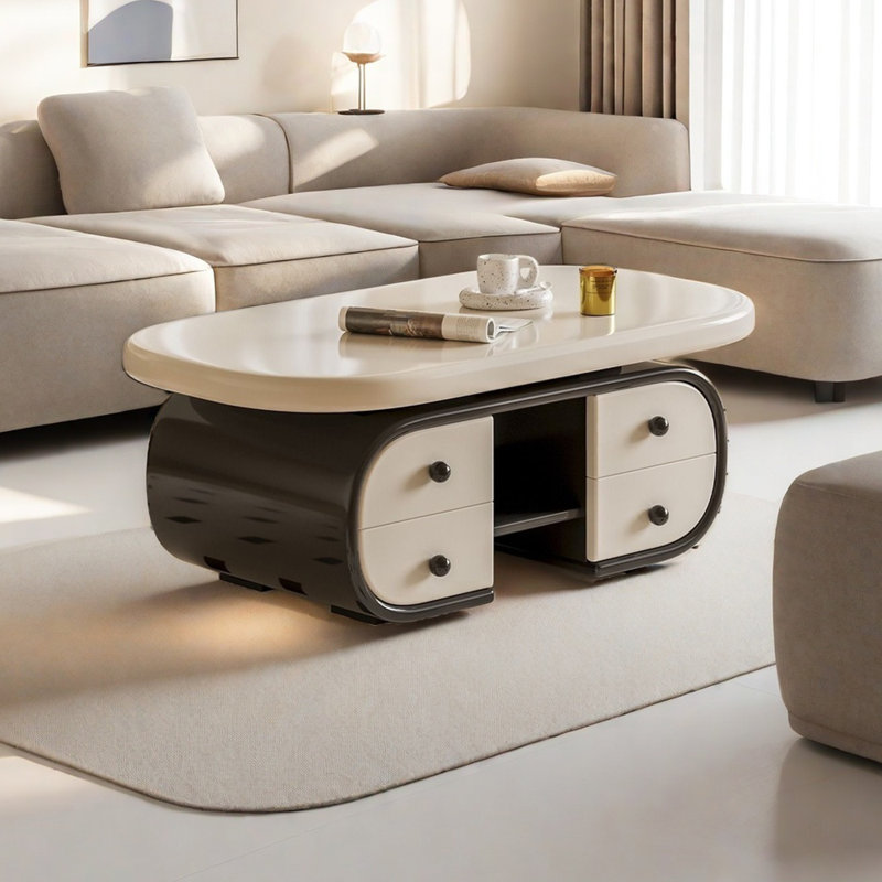 Creamy Tea Table With Storage, Black/White