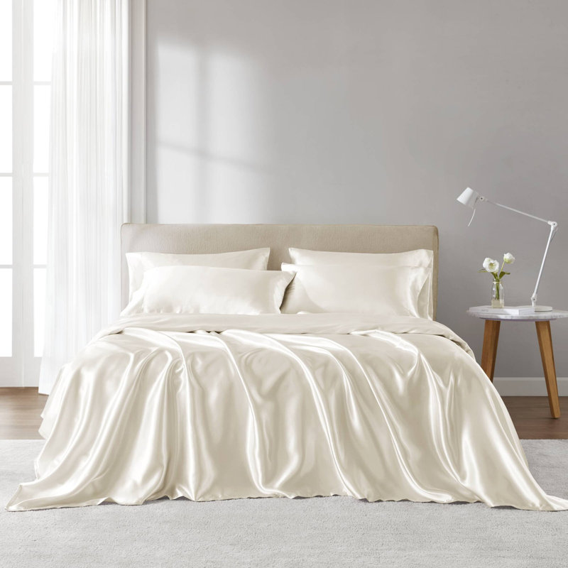 Ensemble de draps en satin de luxe, Ivoire ivoire, Couvre-lit très grand + 4 taies d'oreiller standa