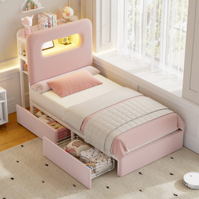 Twin LED Upholstered Storage Bed Frame with Drawers, Shelves and Charging Station, Pastel Pink
