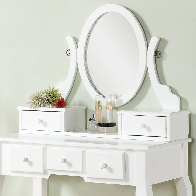 Coiffeuse en bois avec tabouret, blanche - 5 tiroirs et miroir ovale réglable pour maquillage et soins de beauté. Table de toilette avec tabouret et espace de rangement.