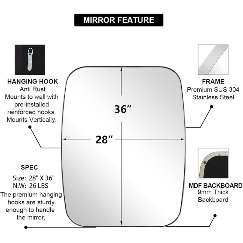 Miroir de salle de bain ovale moderne | Cadre en acier inoxydable, 36 po x 28 po, Nickel brossé