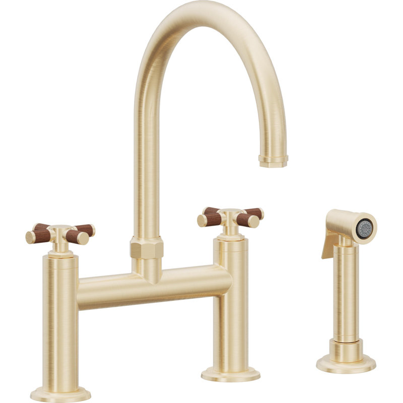 Descanso Side Spray Kitchen Faucet, Satin Brass, With Side Spray, Teak Cross Handle