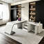 Bureau de direction moderne incurvé de 180 cm (70,9 po) avec caisson de rangement latéral amovible, plateau en faux marbre blanc et prise électrique intégrée. Bureau minimaliste entièrement blanc avec tiroirs et portes, idéal pour un bureau à domicile.-293525207