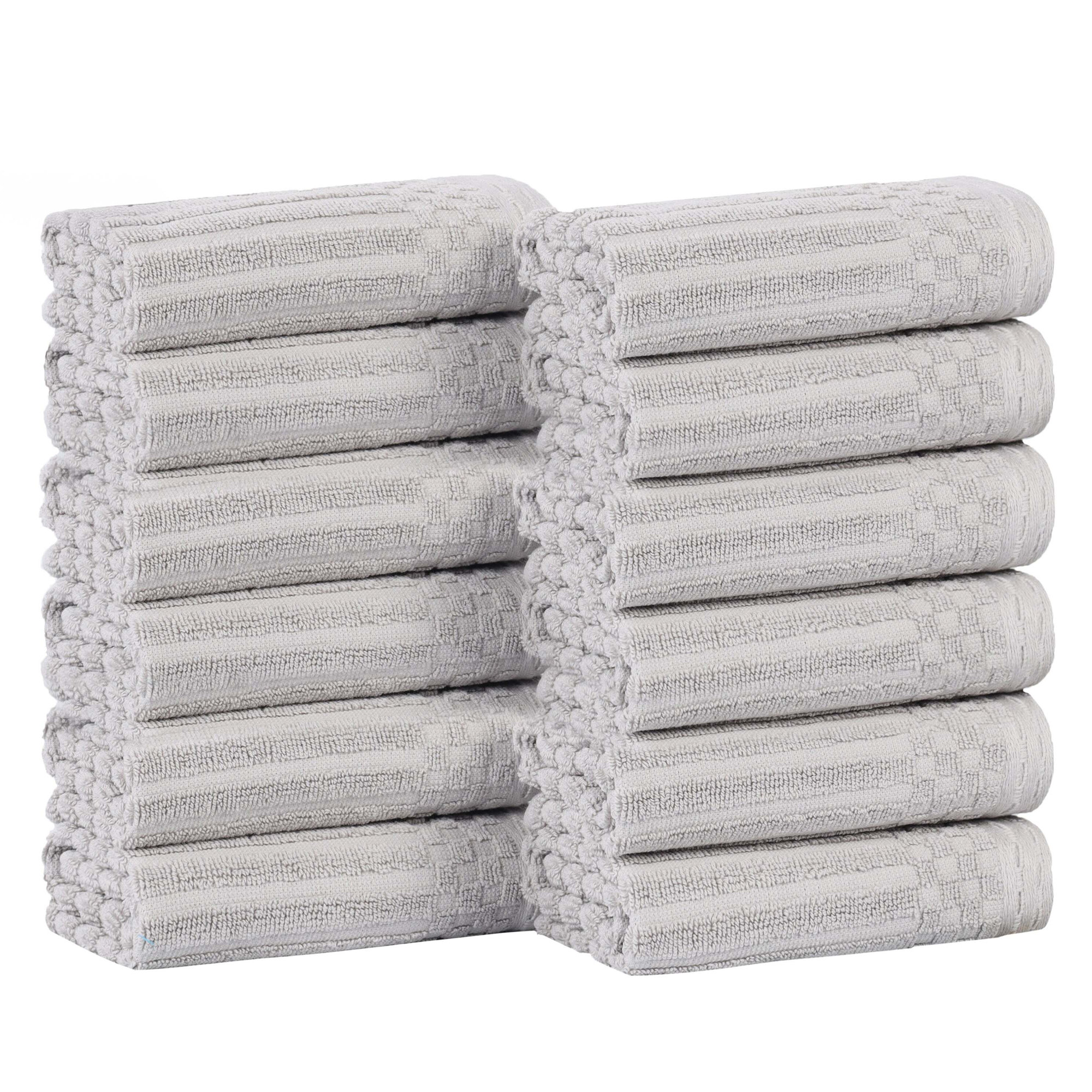 Juras Soho Cotton Ribbed Checkered Border Medium Weight Washcloths Face Towels, Silver